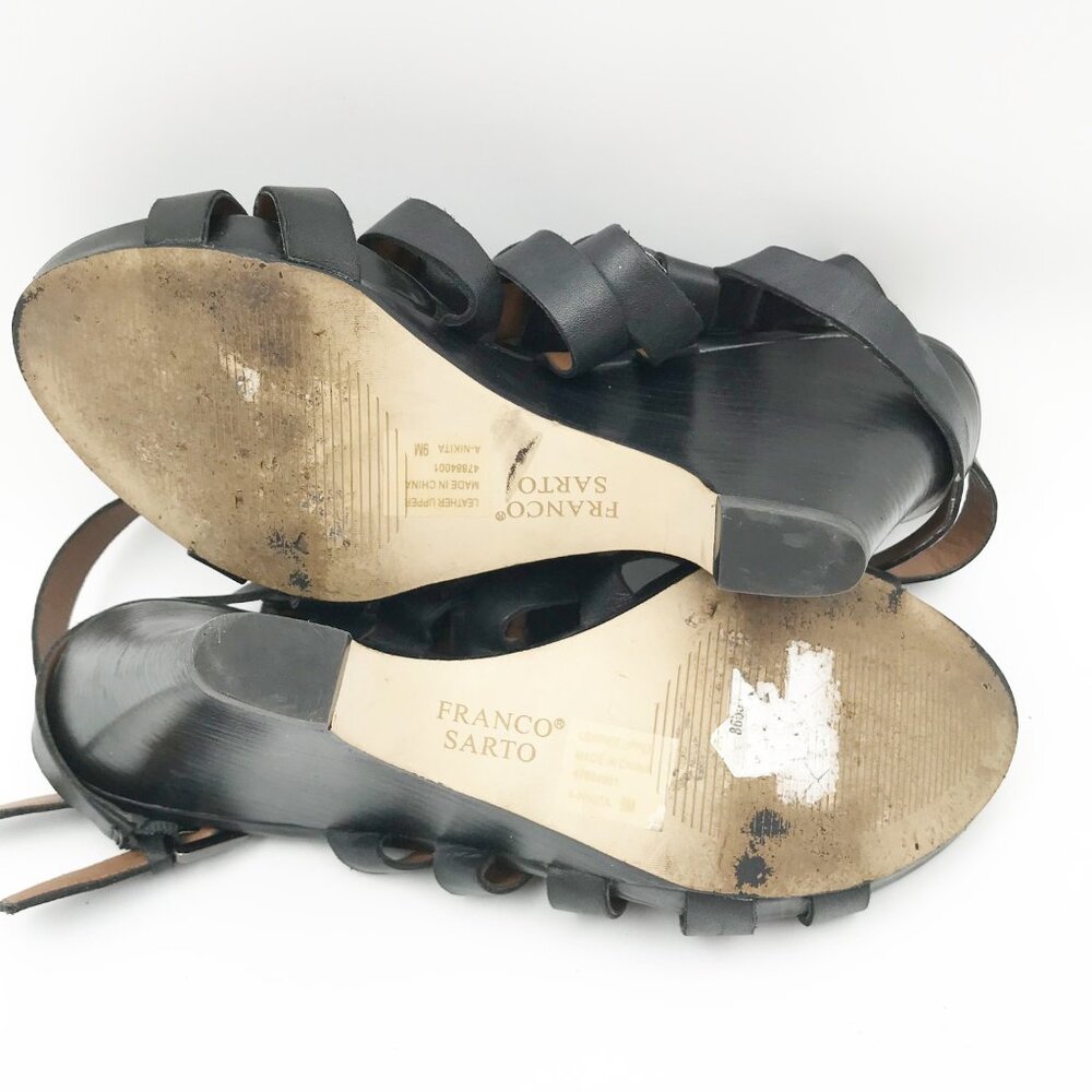 FRANCO SARTO Nikita Black Caged Wedge Heels Leather Strappy Sandals Womens 9 - Picture 10 of 12